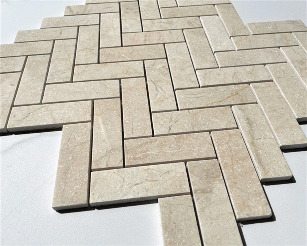 Crema Marfil Marble 1x3 Herringbone Mosaic Tile Polished, 1 sheet