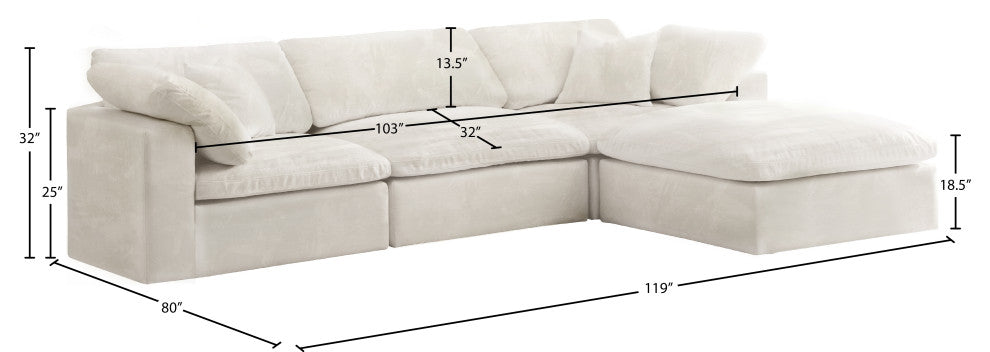 Cozy Velvet Upholstered Comfort L-Shaped Modular Sectional, Cream, 4-Piece: 1 Armless Chair, 2 Corner Chair, 1 Ottoman