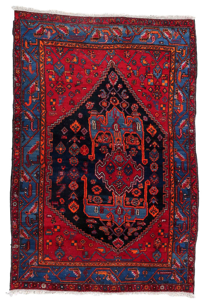 Handmade Vintage Persian Hamadan Rug 4.3'x6.4', 133cmx196cm 1950s