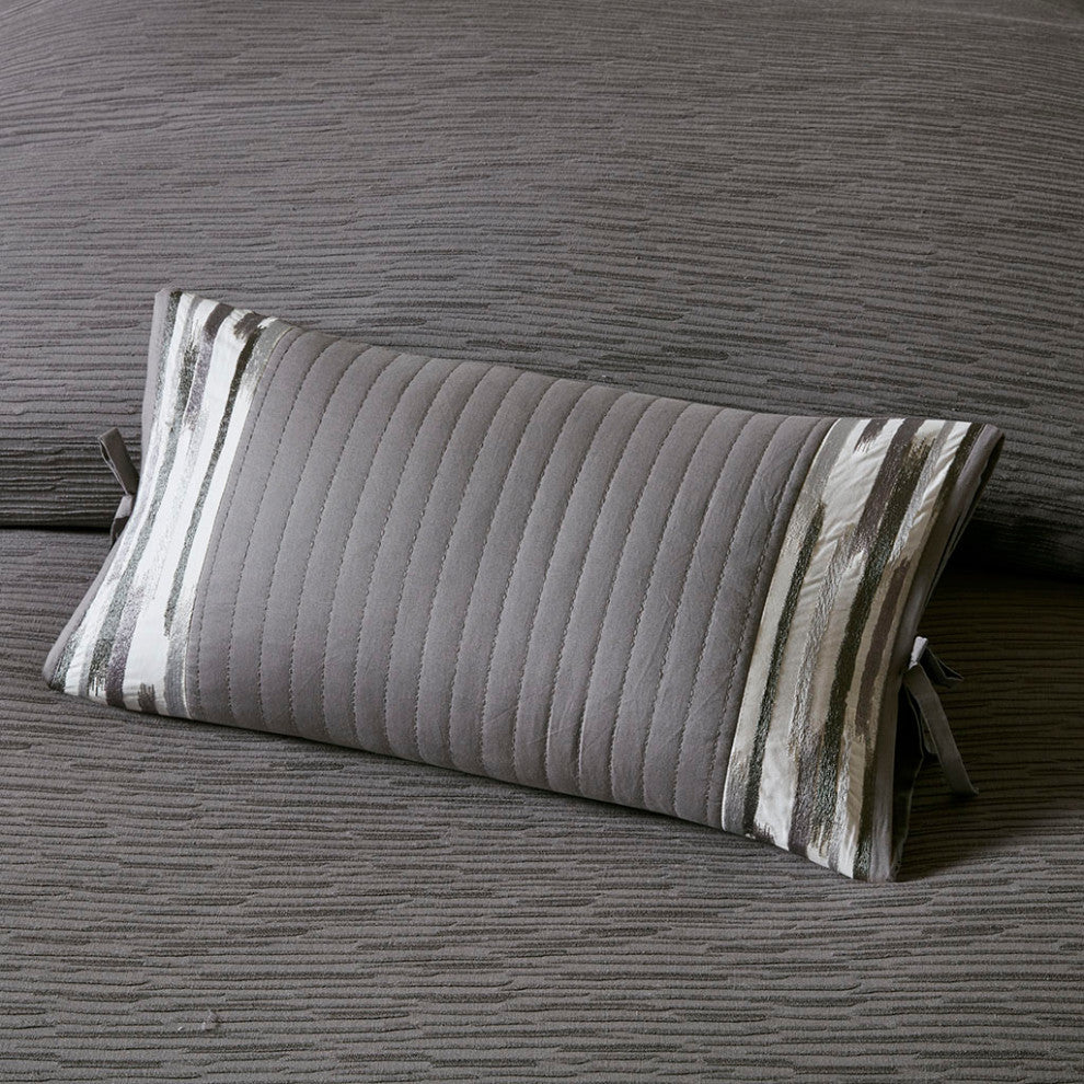 N Natori Hanae Embroidered Cotton Oblong Decorative Pillow, Grey