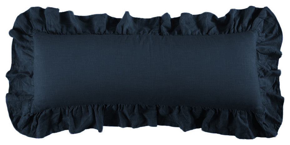 Washed Linen Ruffled Lumbar Pillow, 14" x 36", Navy, 1PC