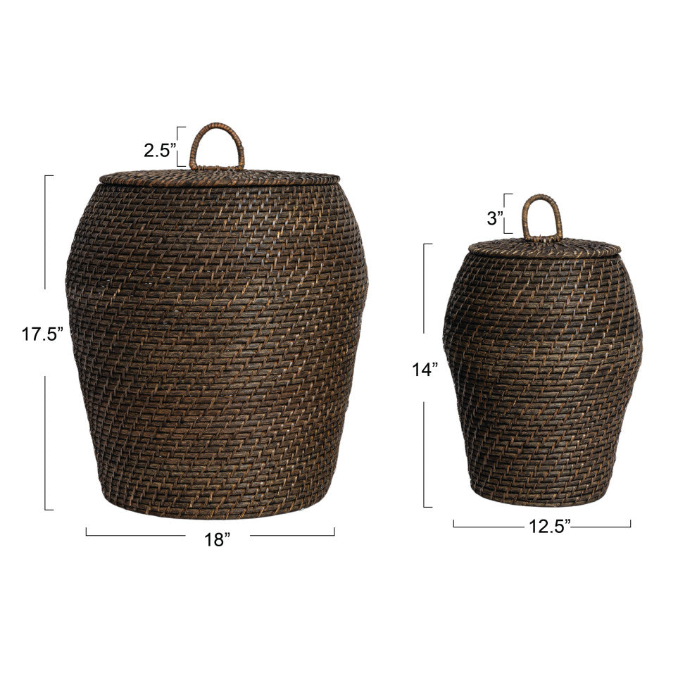 Rattan Wicker Storage Basket With Lid, Washed Black Finish, Set of 2
