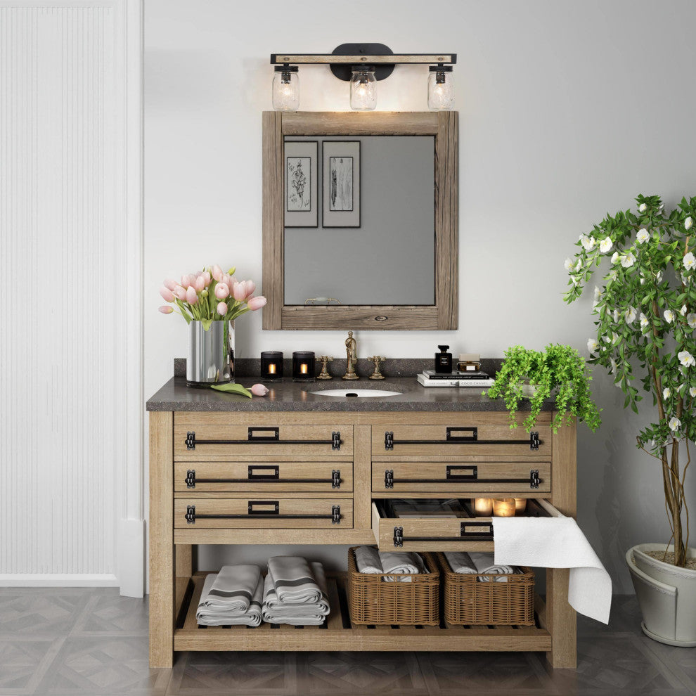 LNC Farmhouse 3-Light Bathroom Vanity Light with Mason Jar Shade and Wood Accent
