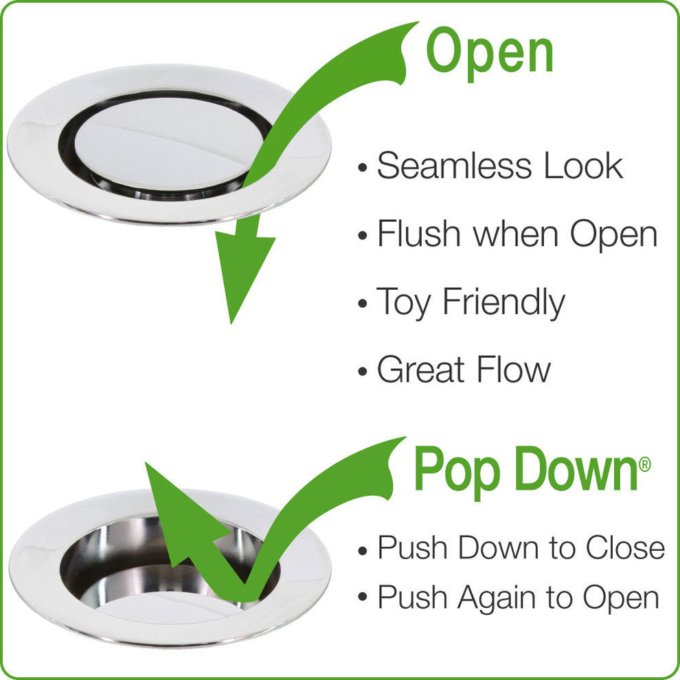 Patented Pop Down Bathtub Drain, Polished Chrome