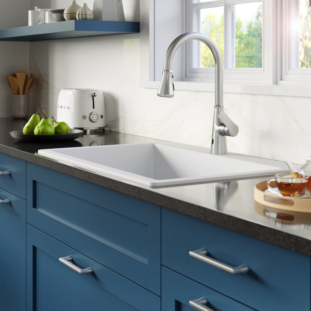 Karran 33" Top Mount Double Equal Bowl Quartz Kitchen Sink Kit, White