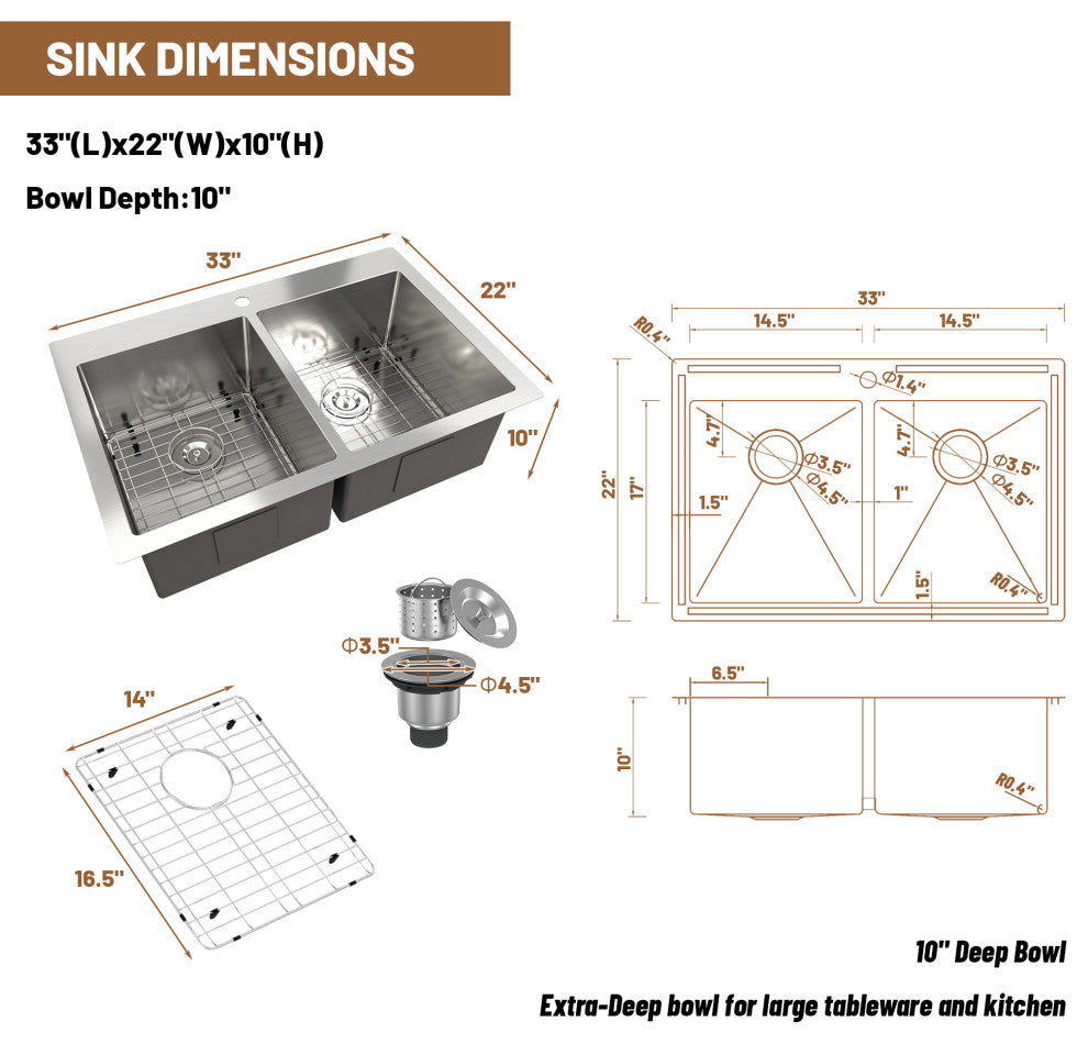 Stainless Steel Topmount Double Bowl Kitchen Sink with Accessories