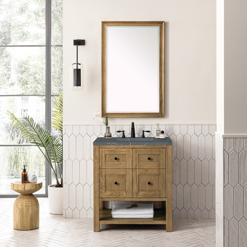 James Martin Breckenridge Bath Vanity, Light Natural Oak, 30", Parisien Bleu, Three-Hole