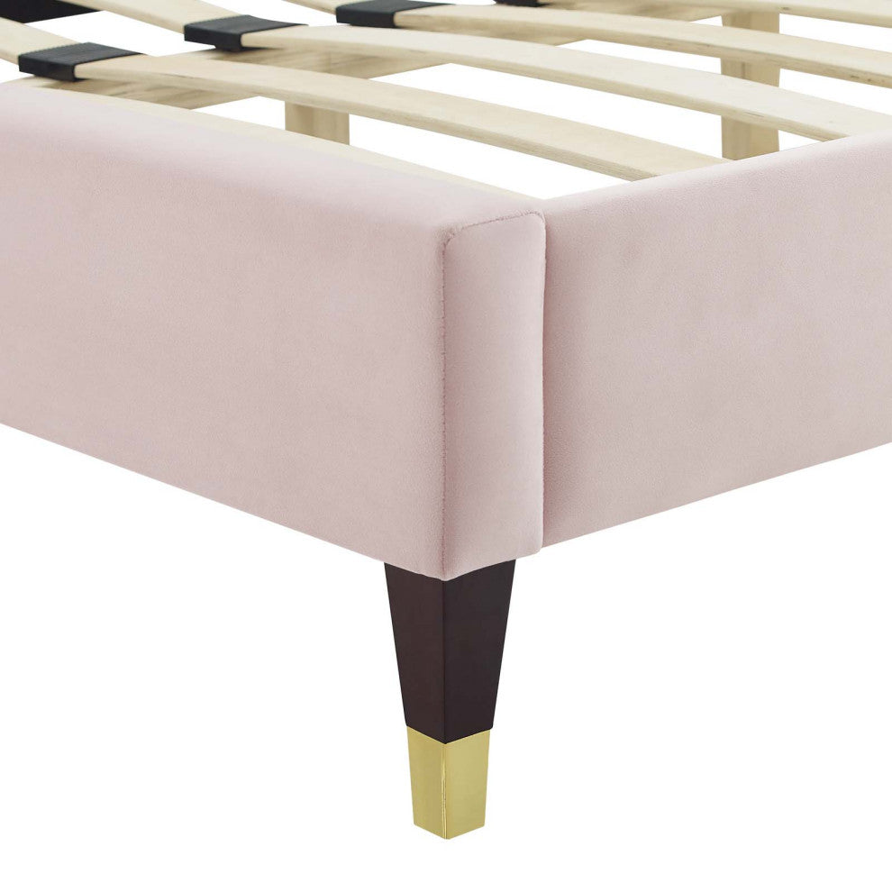 Platform Bed Frame, King Size, Velvet, Pink, Modern Contemporary, Bedroom Master