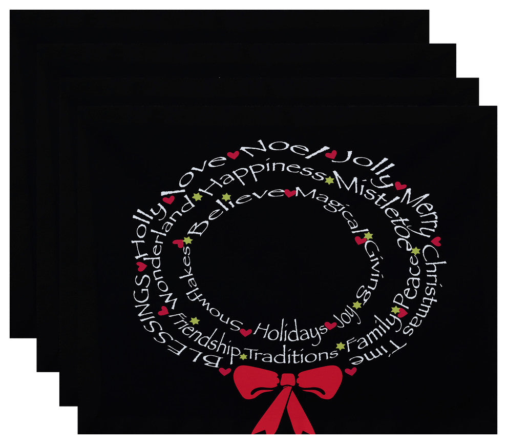 Wreath of Words, Word Print Placemat, Black (Set of 4), 18 x 14"