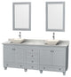 Acclaim Oyster Gray DBL Vanity, Mirrors 80" White Carrera Marble, Bone Porcelain