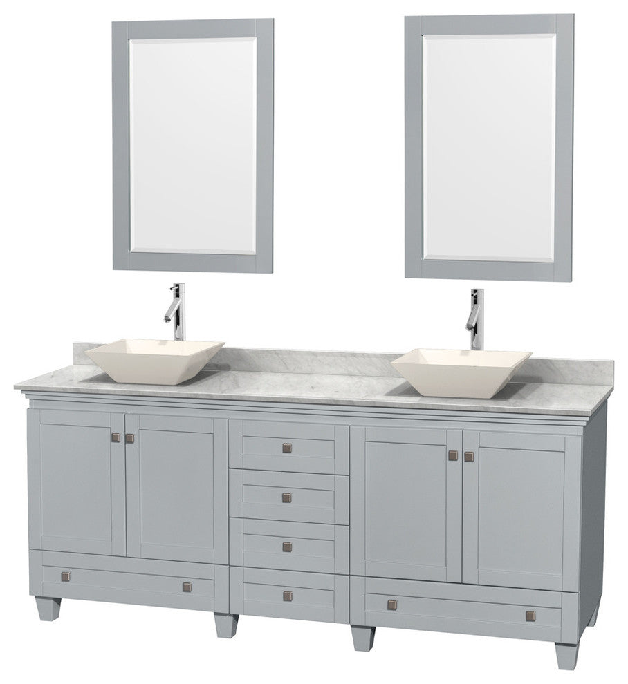 Acclaim Oyster Gray DBL Vanity, Mirrors 80" White Carrera Marble, Bone Porcelain