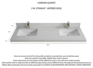 Boston 60 Double Bathroom Vanity in White 2" Carrara Quartz
