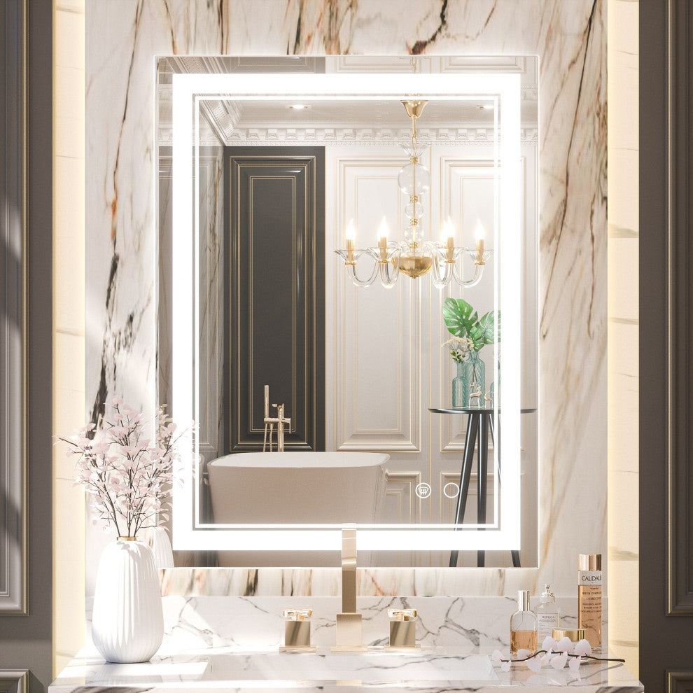 3-Colors LED Bathroom Mirror, Anti-Fog Memory Dimmable, Sliver, 24"x32"