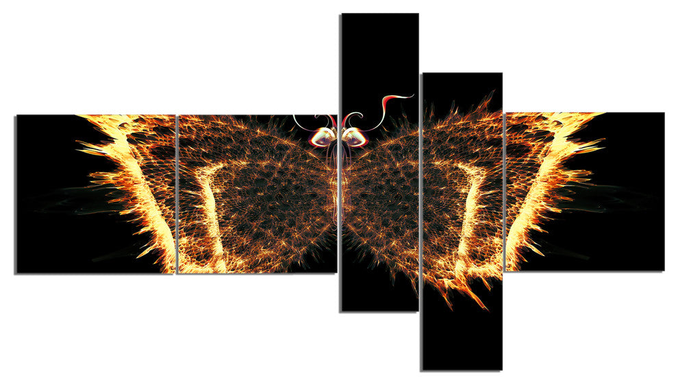 Fire Fractal Butterfly in Dark, Abstract Canvas Art Print, 60"x32", 5 panels