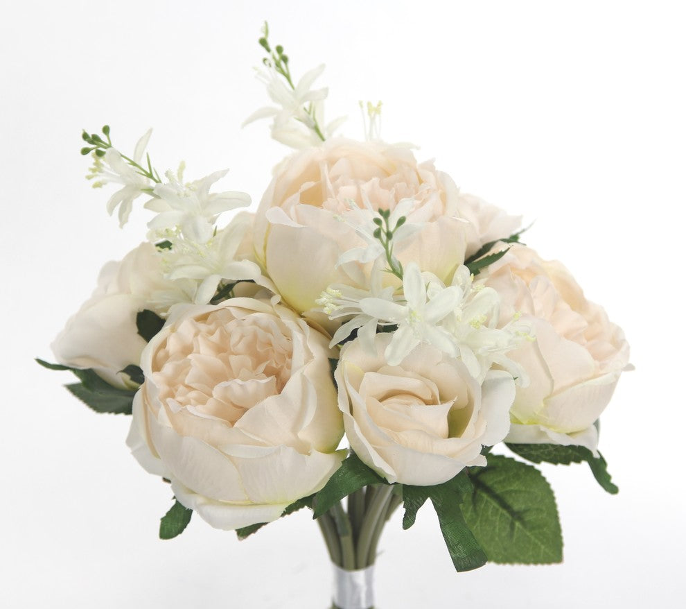 10 Stems Faux English Rose and Rose Bud Bouquet, Ivory