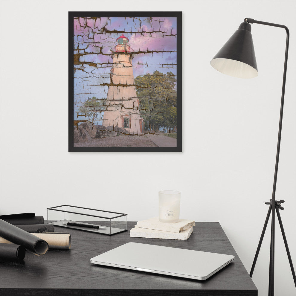 Faux Wood Texture Marblehead Lighthouse at Sunset Framed Photo Wall Art Print, Black, 16" X 20"