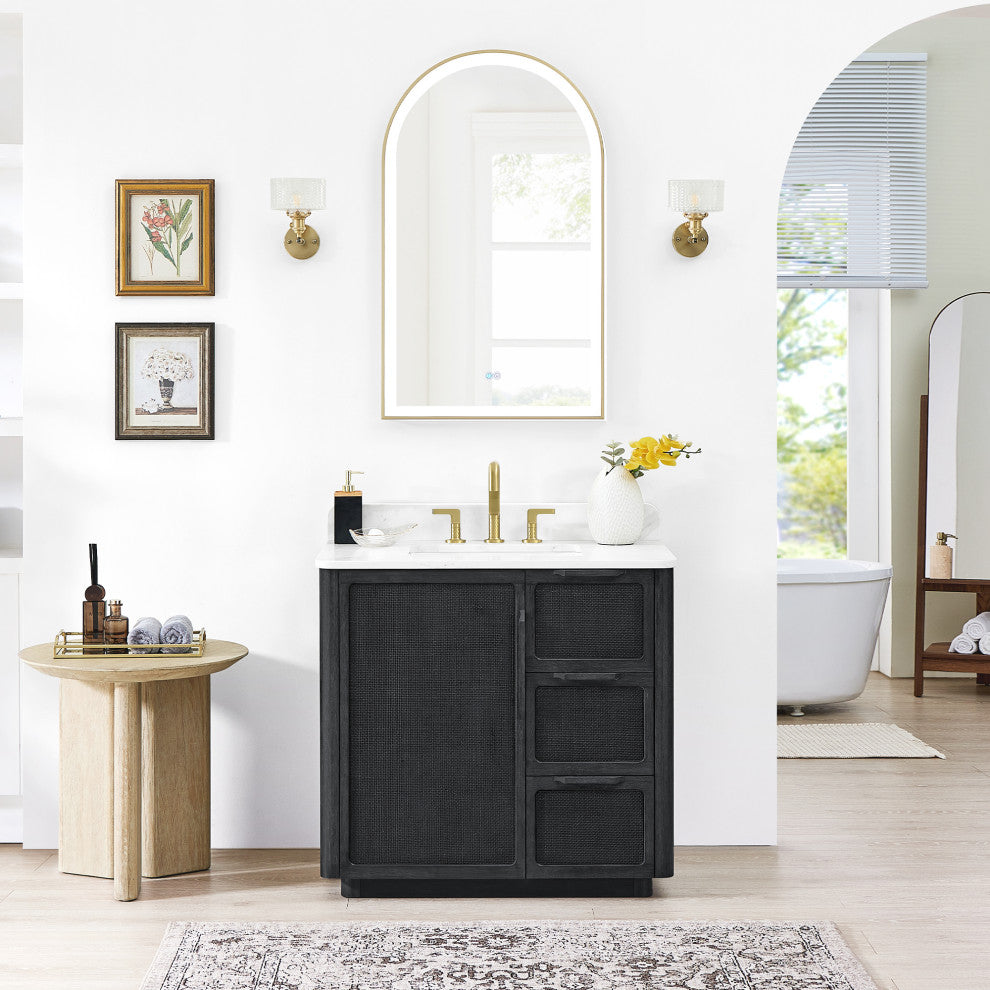 Busan Bath Vanity, Quartz Top No Mirror, Oak Classic Black, 36", Single Vanity