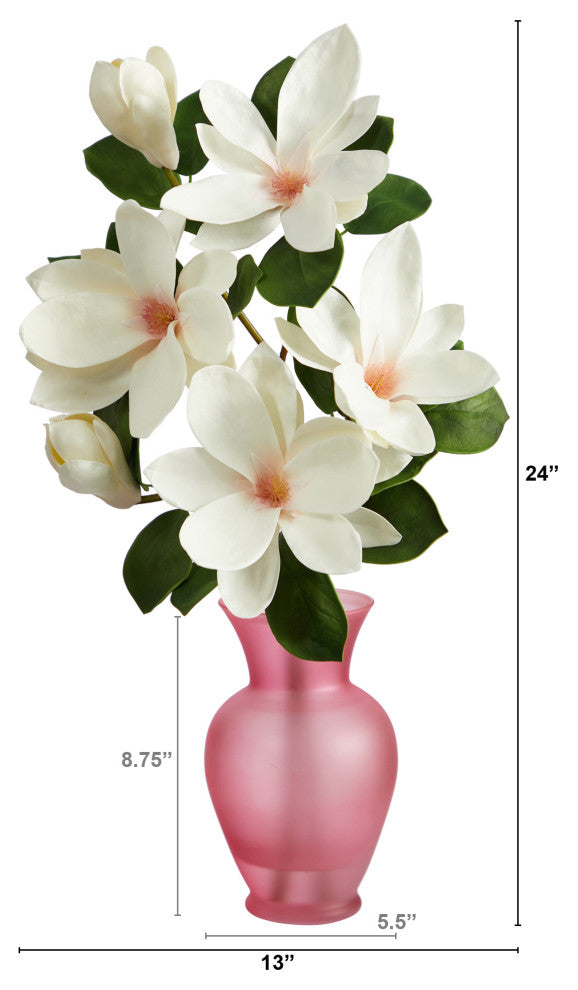 24" Japanese Magnolia Artificial Arrangement, Rose Colored Vase