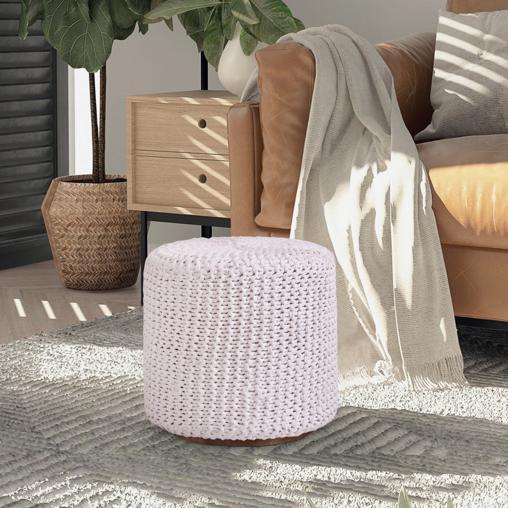 Loft Lyfe Marbella Ottoman, Hand Knitted, Wooden Tray, Cotton Yarn, White