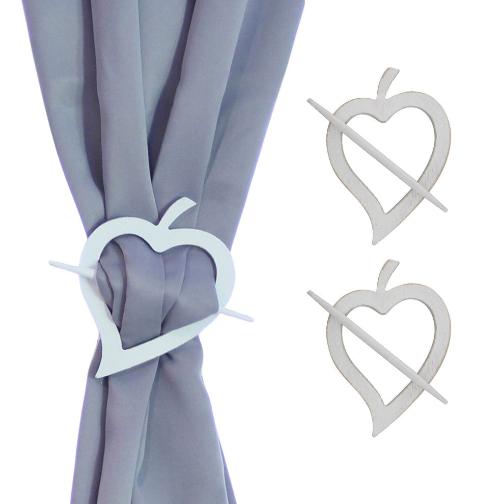 Wooden Heart Curtain Tieback "“ Decorative and Functional Design, White, Pack of 2