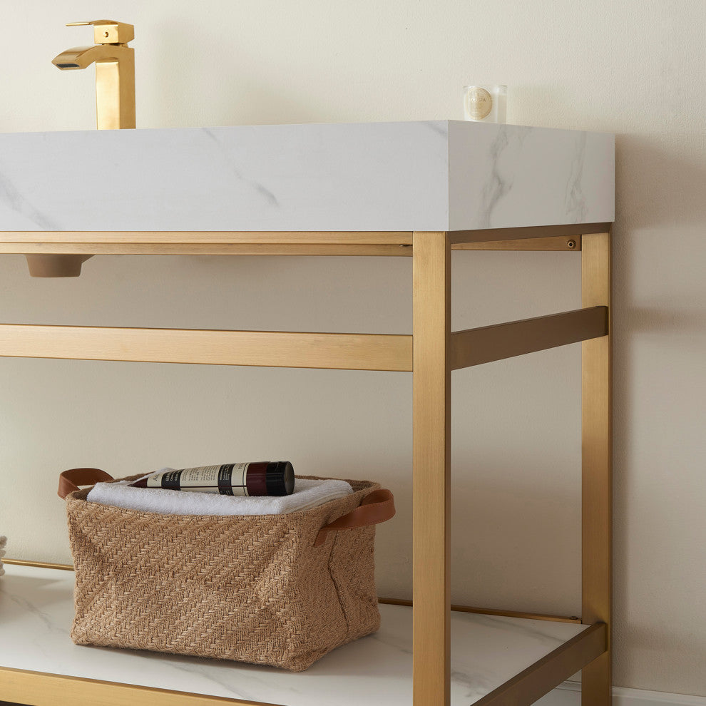 Funes Bath Vanity without Mirror, Brushed Gold Hardware, 48'', White Stone Top