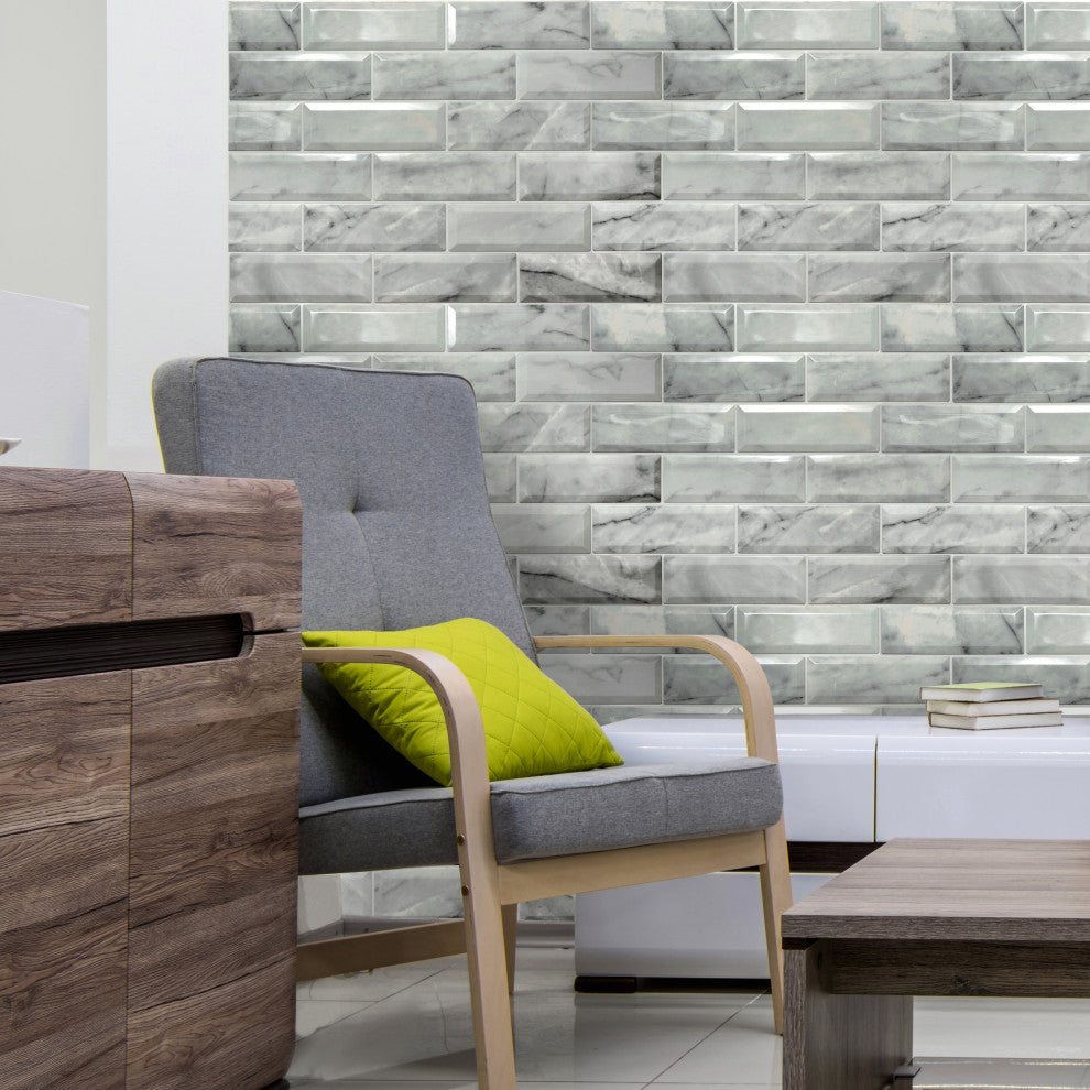 Off-White Marble Bricks 3D Wall Panels, Set of 10, Covers 64 Sq Ft