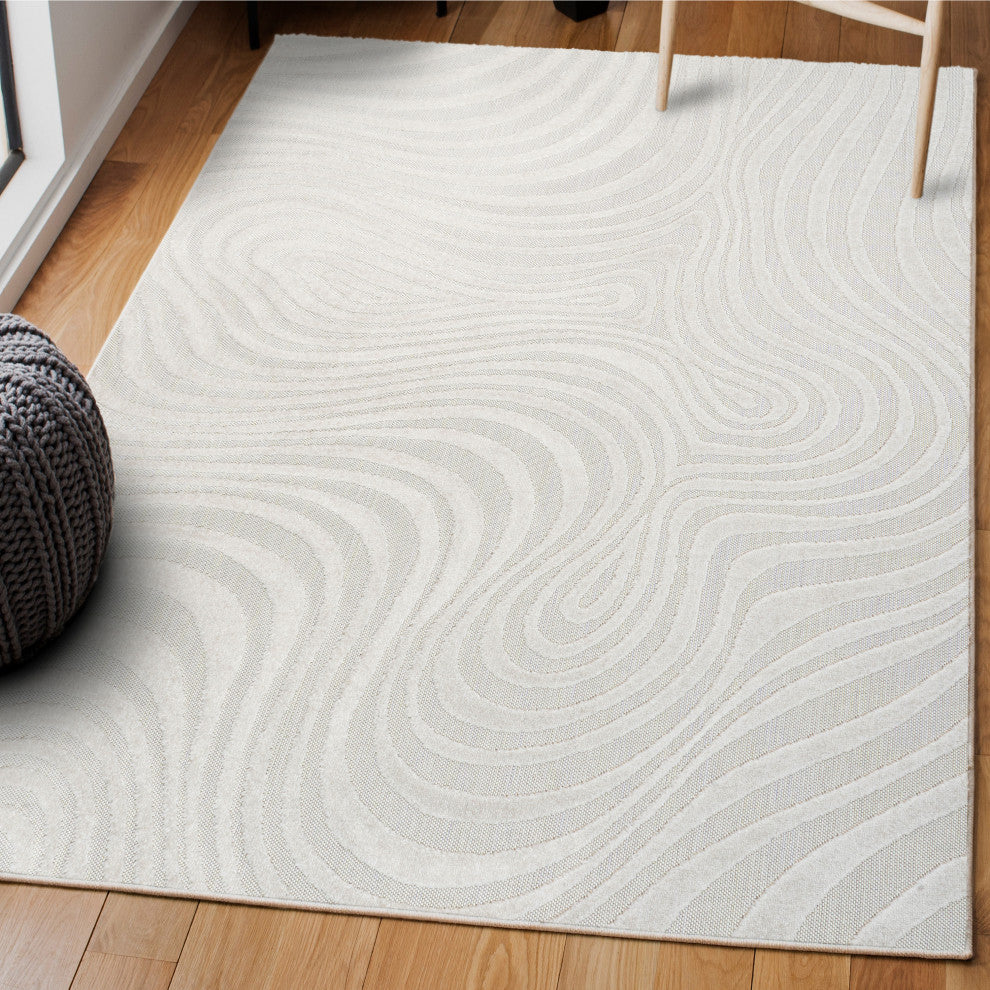 High-Low Groovy Striped Cream/Ivory 3 ft x 5 ft Indoor/Outdoor Area Rug
