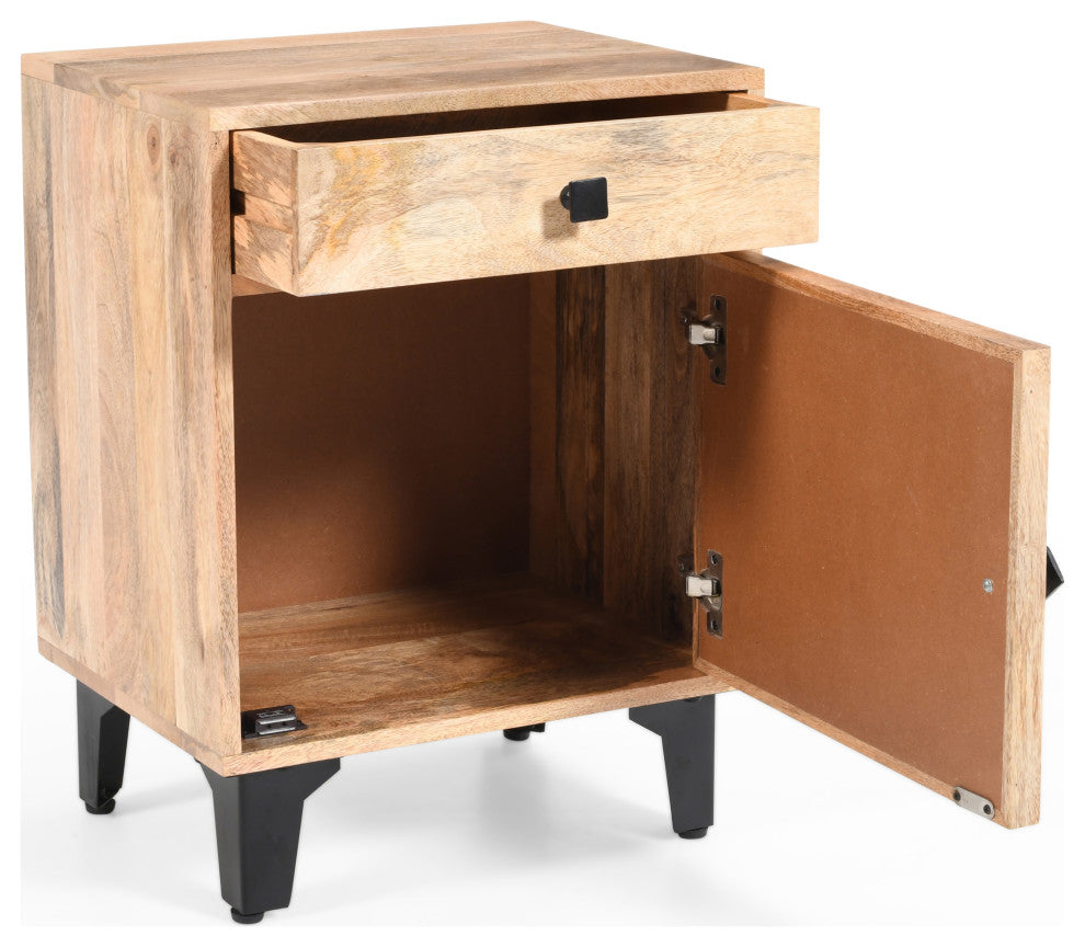 GDF Studio Vintage Hand-Crafted Line Wood Nightstand with Drawer, Natural