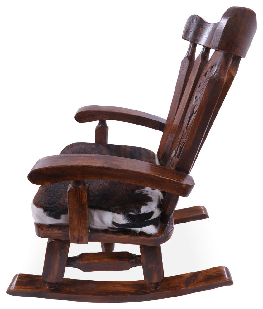 Wooden Rocking Chair Handcarved Back Removable Hair-On Cowhide Pillow RC133-CP