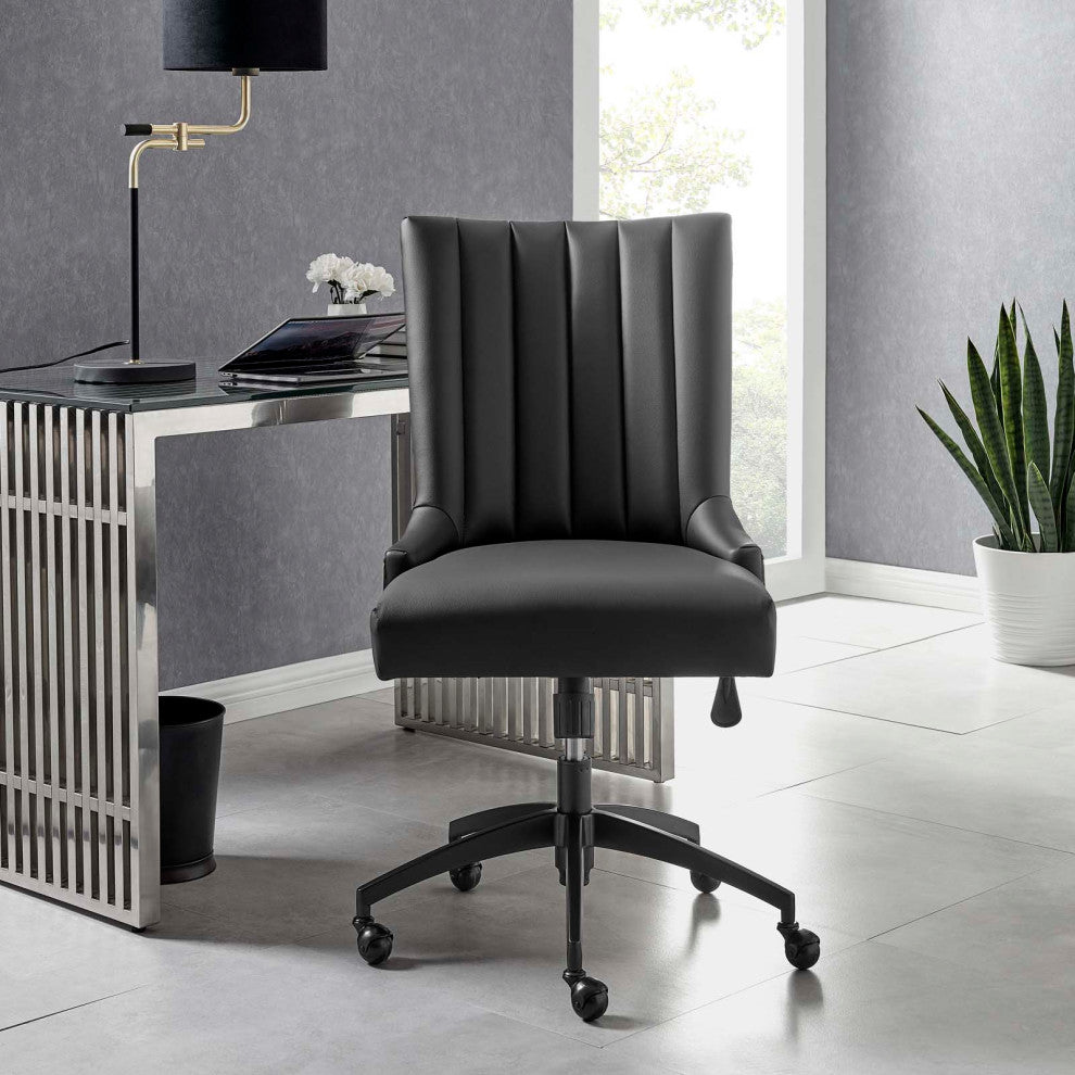 Computer Work Desk Tufted Chair, Faux Vegan Leather, Black, Home Business Office