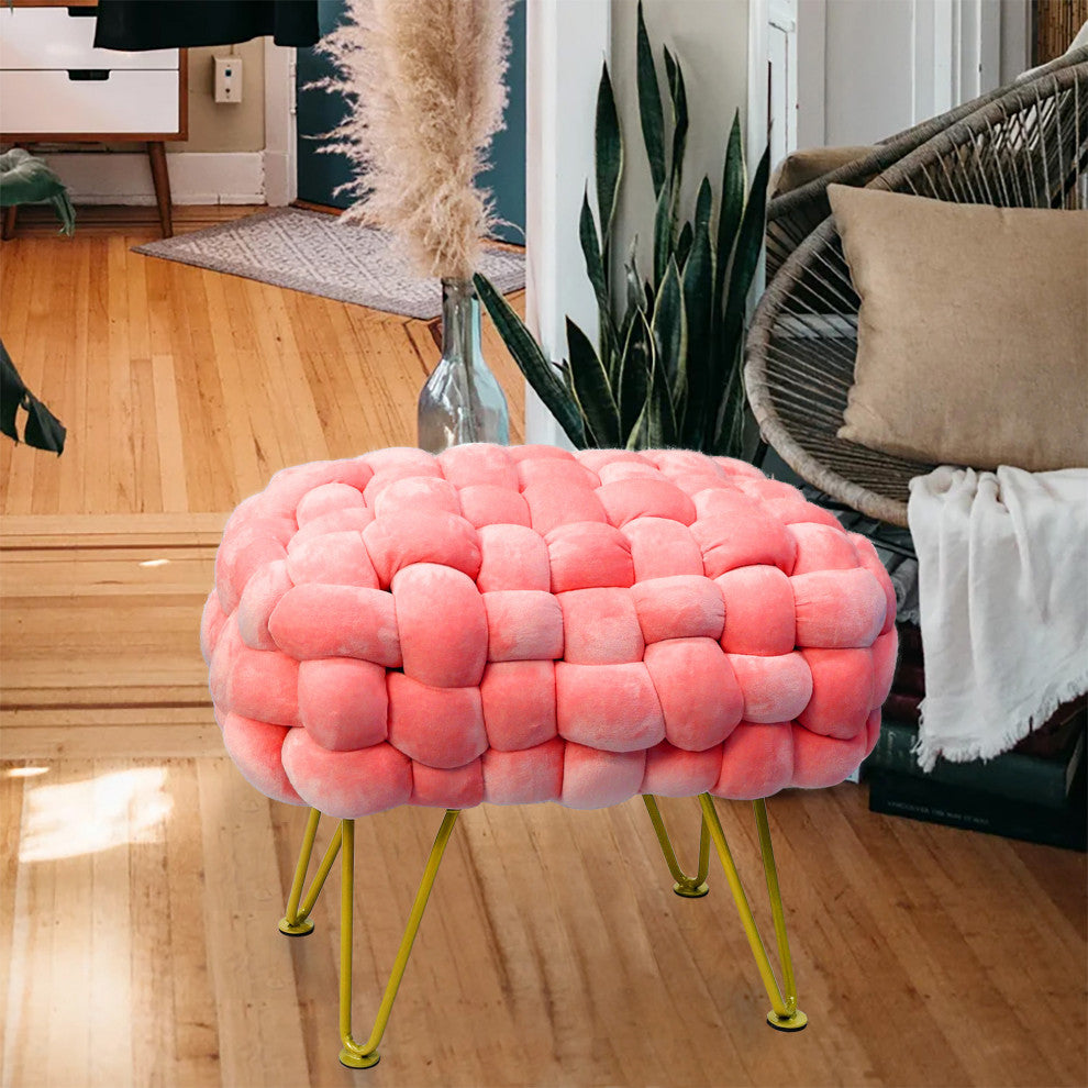 Velvet Pouf Stool Ottoman, Peach Echo, 27''x20''x20''