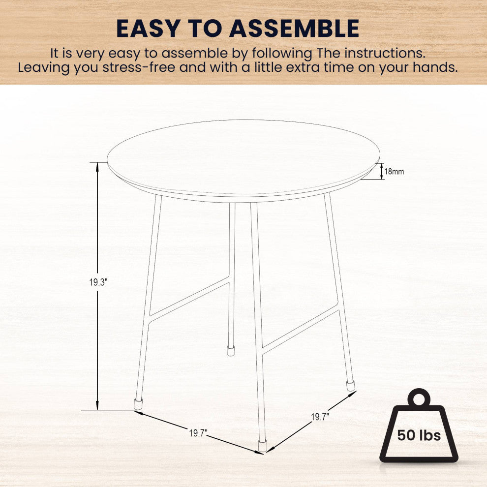 LeisureMod Rossmore Modern Round Side Table With Black Steel Frame, Natural Wood
