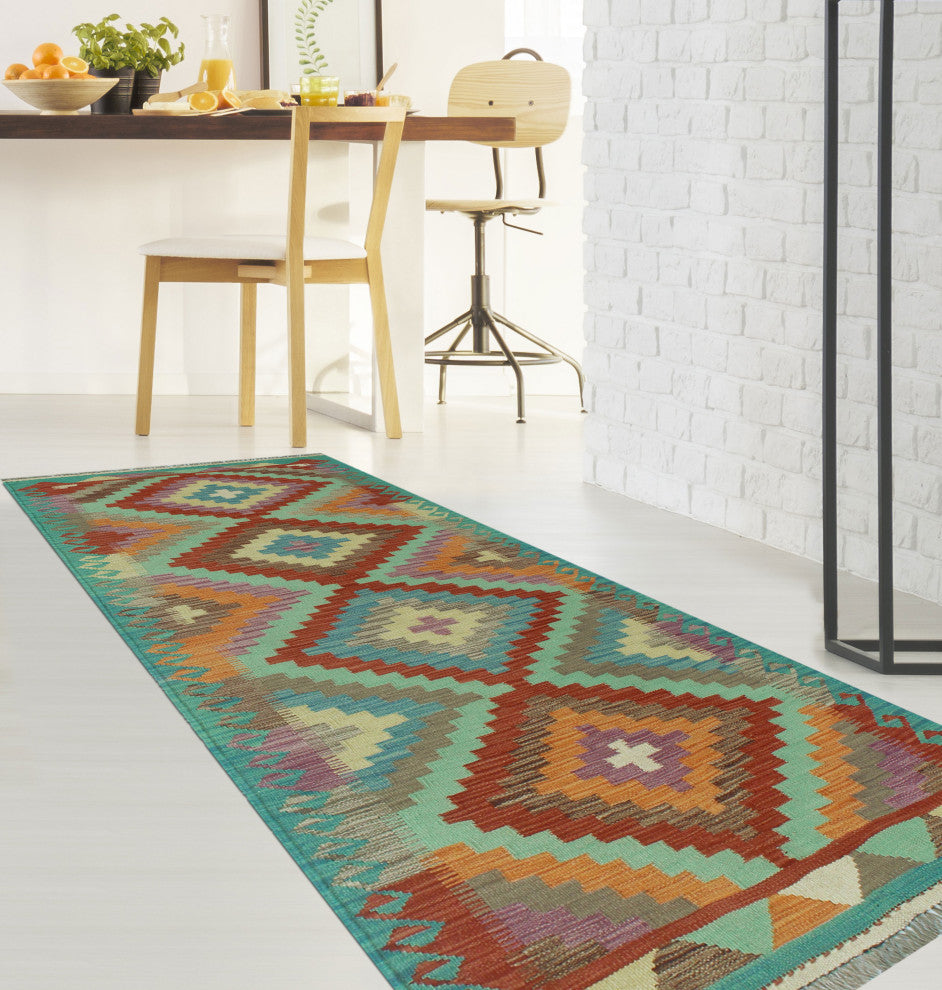 Sangat Kilim Asfar Green/Orange Runner, 2'8x8'0