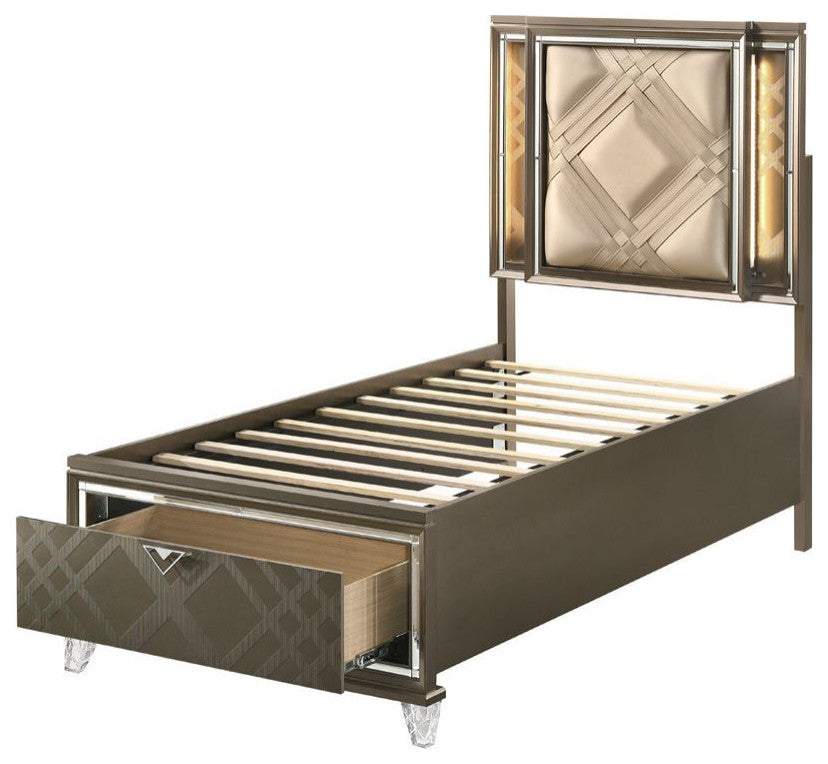 ACME Skylar Twin Bed With Storage, LED, PU and Dark Champagne