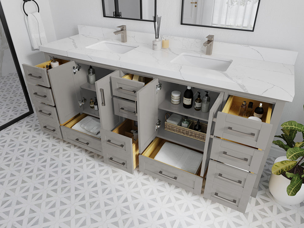Boston 84 Double Sink Bath Vanity in Elephant Skin Gray 2" Carrara Quartz