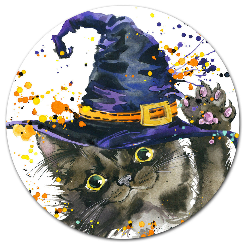 Halloween Cat And Witch Hat, Animal Art Round Wall Art, 36"