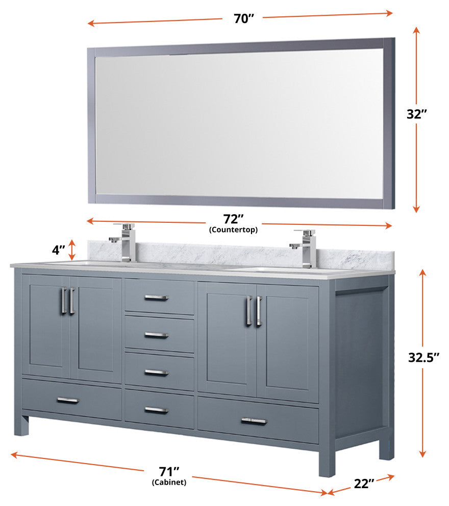 Jacques 72" Dark Gray Double Bath Vanity Cabinet Carrara Marble Top Square Sinks