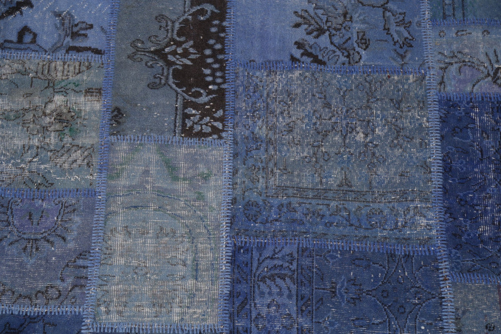 Blue Over-dyed Patchwork Turkish Area Rug Hand-tufted Wool Carpet 9x12