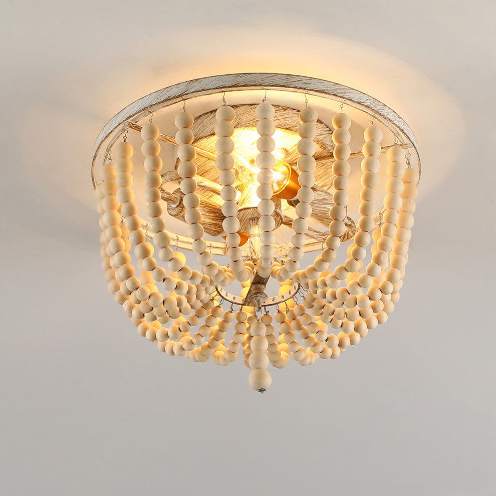 2-Lights Antique Rustic Wood Beaded Flush Mount Light