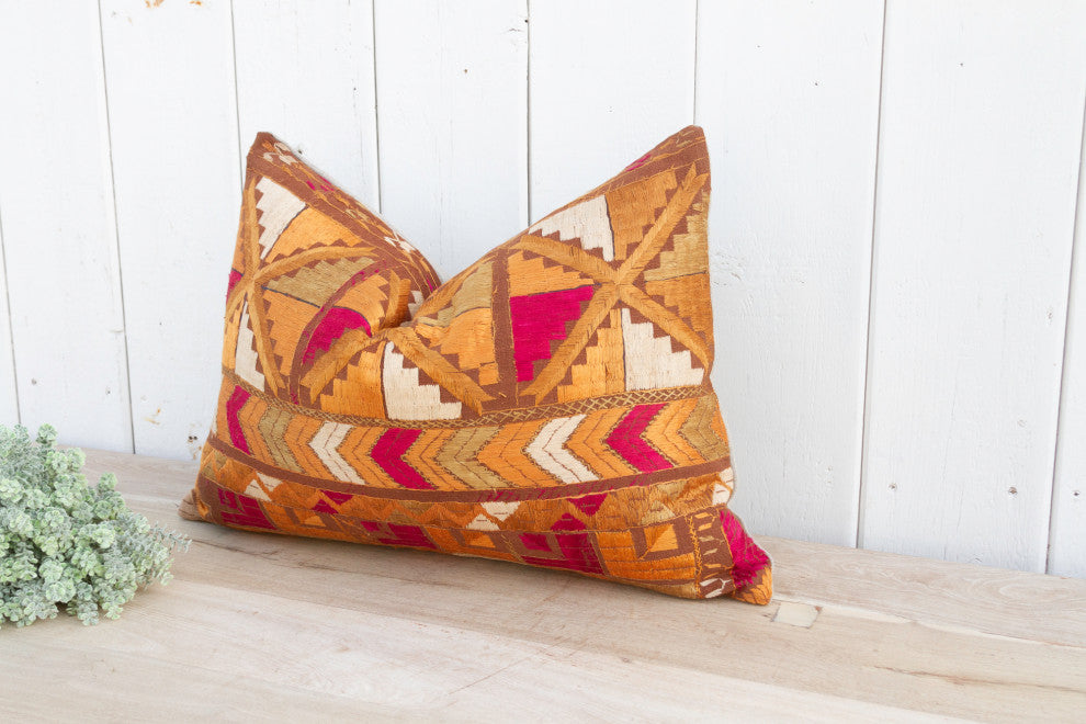 Vivid Orange Silk Phulkari Pillow
