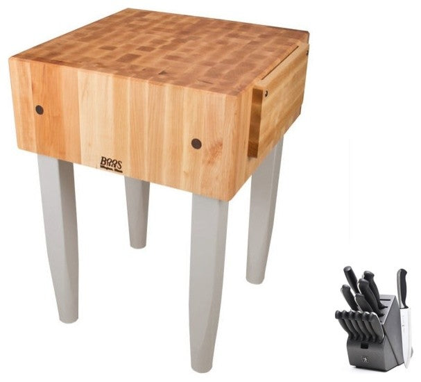 John Boos PCA Block and Henckels Knife Set, Useful Gray Stain, 30x30x10, No Casters