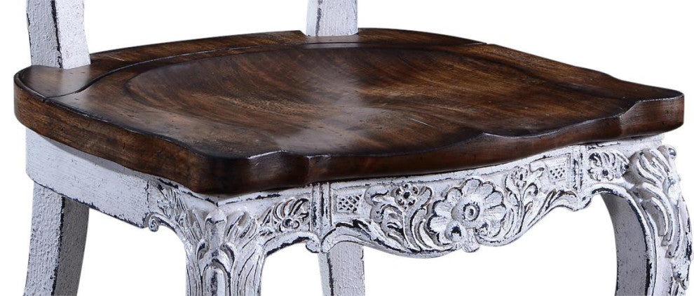 Side Chair Dining French Country Farmhouse White Wood, Floral Carved