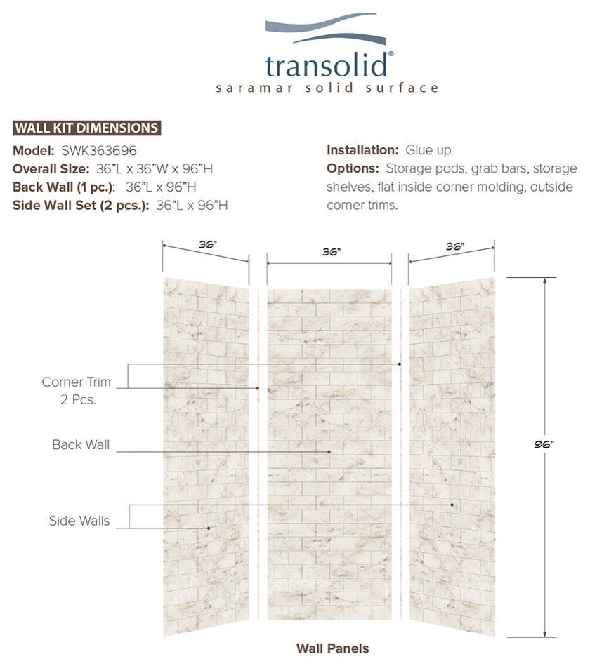 Transolid SaraMar 36"x36"x96" 3-Piece Shower Wall Kit, Biscotti Marble