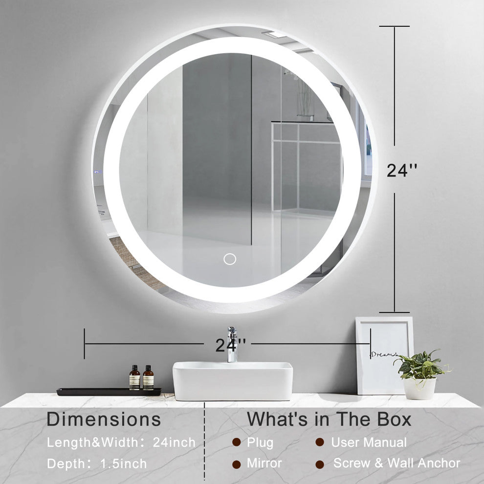 24 inch Round Frameless Anti-Fog Wall Mounted LED Bathroom Vanity Mirror