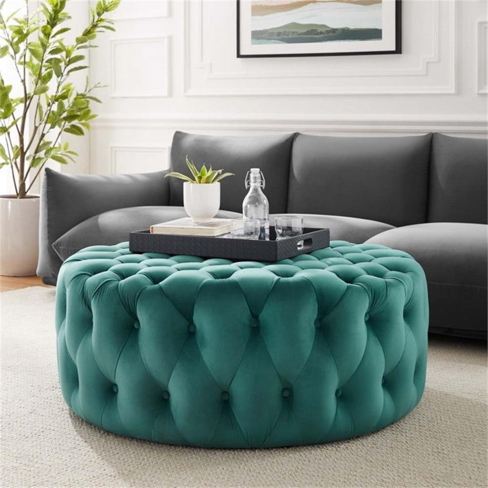 Amour Tufted Button Large Round Performance Velvet Ottoman - Teal EEI-5469-TEA