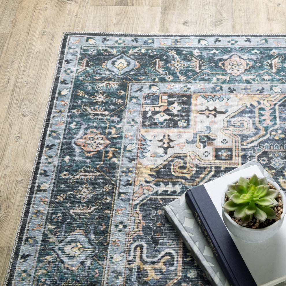 Celestia Machine Washable Medallion Indoor Area Rug, Blue, 2'x8'