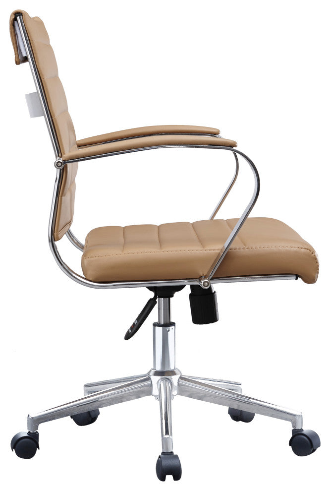 Set of 2 Mid Back Swivel Ribbed PU Leather Office Arm Chair Modern Ergonomic, Beige Tan