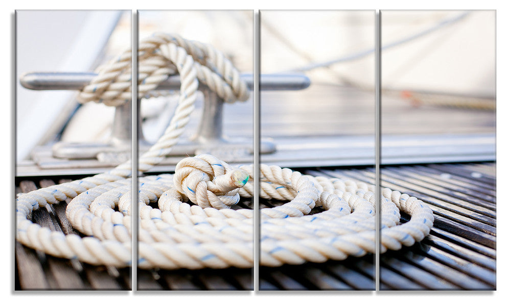 White Nautical Mooring Rope, Modern Landscape Canvas Art, 48"x28", 4 Panels