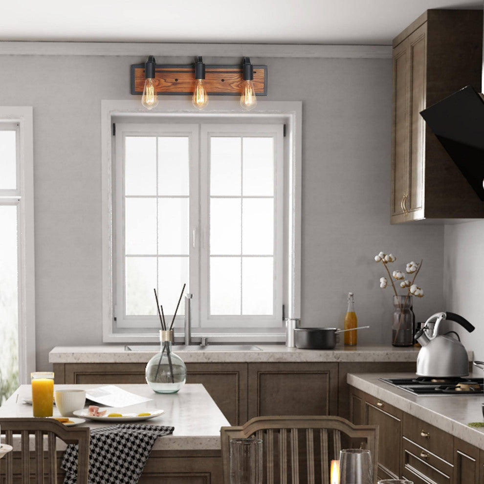 LALUZ 3-Light 21.3-in Wood Brown and Black Farmhouse Vanity Light Bar
