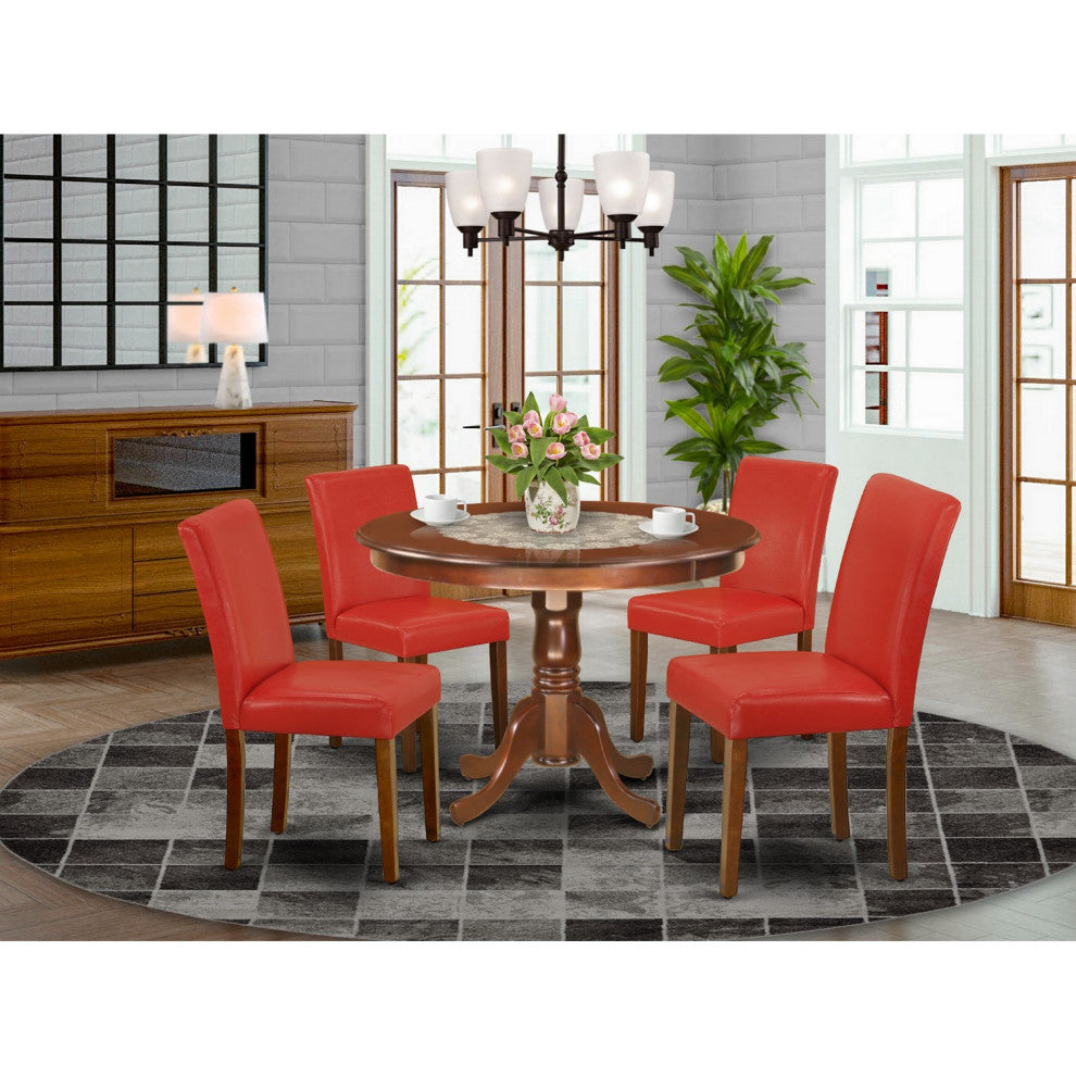 5Pc Round 42" Dinette Table, Four Parson Chair, Pu Leather Color Firebrick Red